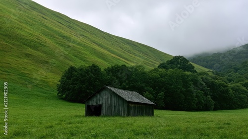 Rustic wooden shed stands in a lush green meadow at the foot of a grassy hill