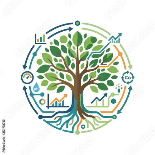 A circular graphic showing a tree with digital data elements