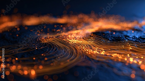Abstract glowing particles flow along illuminated lines, creating a cosmic, dynamic flow