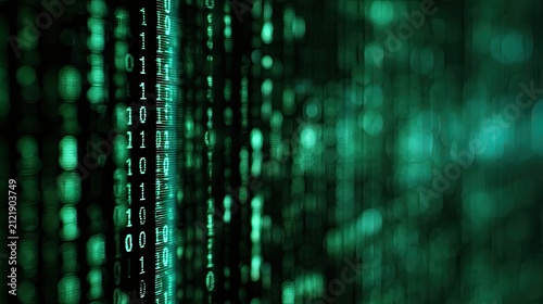 Digital cascade of glowing green binary code streams, abstract data flow