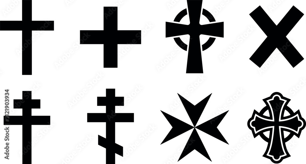 Fototapeta premium Religious Cross Silhouette Collection with Celtic Orthodox Maltese and Saint Andrew Crucifix Icons for Church History Graphic Layouts and Tattoo Designs