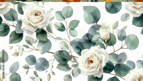 Elegant Watercolor White Rose and Eucalyptus Pattern