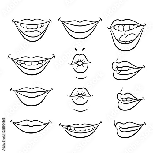 Set of minimalist line art mouth and lip sketches