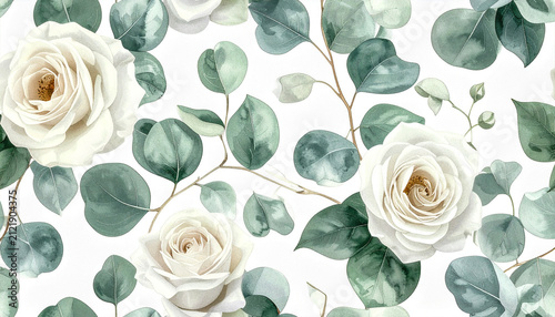 Elegant Watercolor White Rose and Eucalyptus Pattern