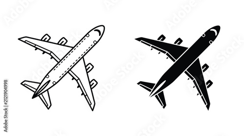 Airplanes are depicted as a pair of icons consisting of a clean outline version and a solid black shape for travel industry graphics.
