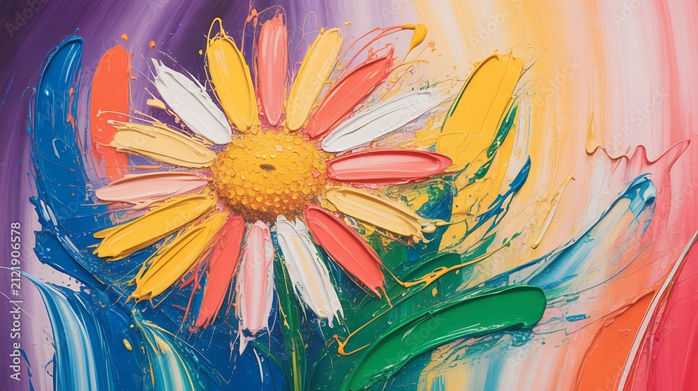 Obraz premium An Abstract Expressionist Painting of a Multi-Colored Daisy Featuring Bold Impasto Oil Strokes on a Vibrant Canvas