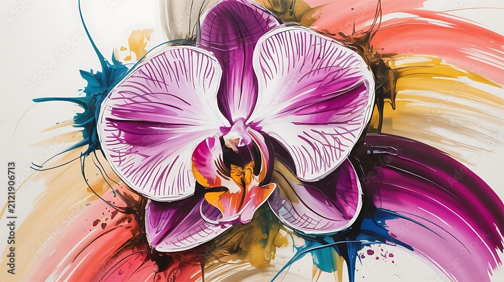Obraz premium An Abstract Expressionist Painting of an Orchid Featuring Vibrant Colorful Paint Splatters and Artistic Brushstrokes