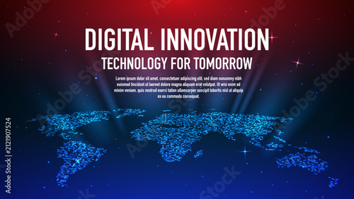 Global Digital Innovation Technology Background with Glowing World Map, AI Big Data Network, Future Communication and Business Presentation Banner Vector