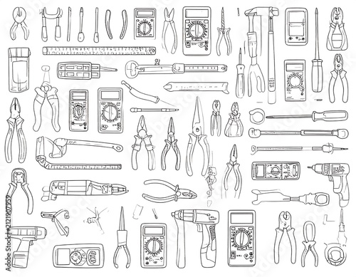 Hand drawn sketch of various household objects and tools.