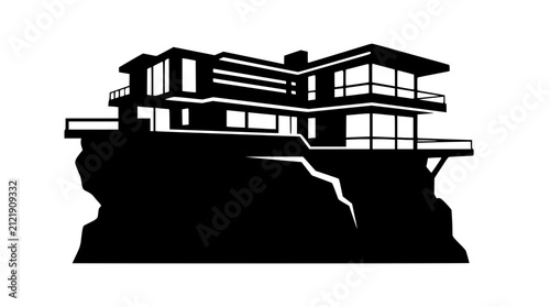Modern luxury villa on a rocky cliff edge silhouette vector illustration
