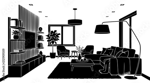 Modern Minimalist Living Room Interior Black and White Vector Illustration