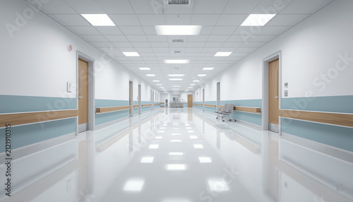 Perspective view of empty hospital corridor