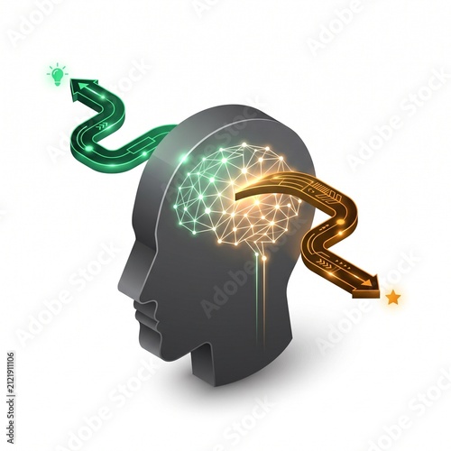 3D isometric human head with glowing brain and two diverging path arrows passing through