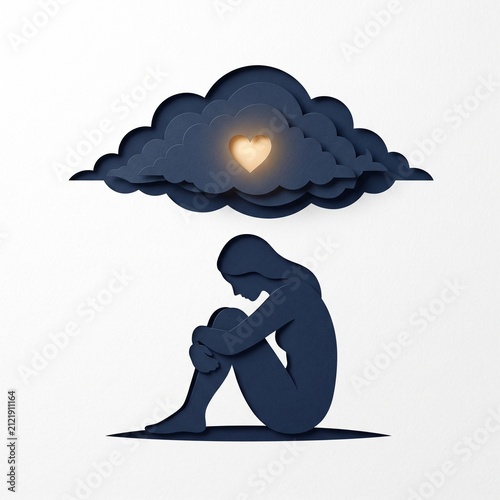 Paper cut art of sad woman silhouette sitting under dark storm cloud with glowing light heart inside