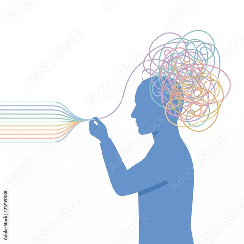 Human profile silhouette untangling a messy chaotic line into straight parallel lines