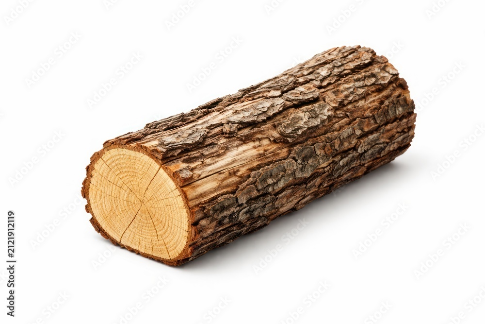 Obraz premium A single log of wood with visible bark and growth rings on a white background.