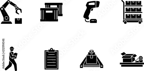 Set of logistics and warehouse icons including robotic arm, barcode scanner, trolley, worker, clipboard, conveyor and packing