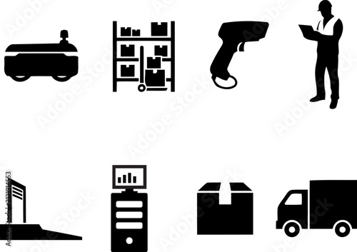 Logistics and warehouse management icons set, including automated robot, shelving, barcode scanner, worker, and delivery truck
