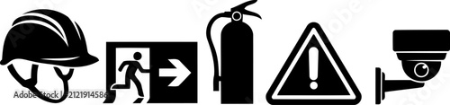 Set of safety and security icons including hard hat, emergency exit, fire extinguisher, warning sign and surveillance camera