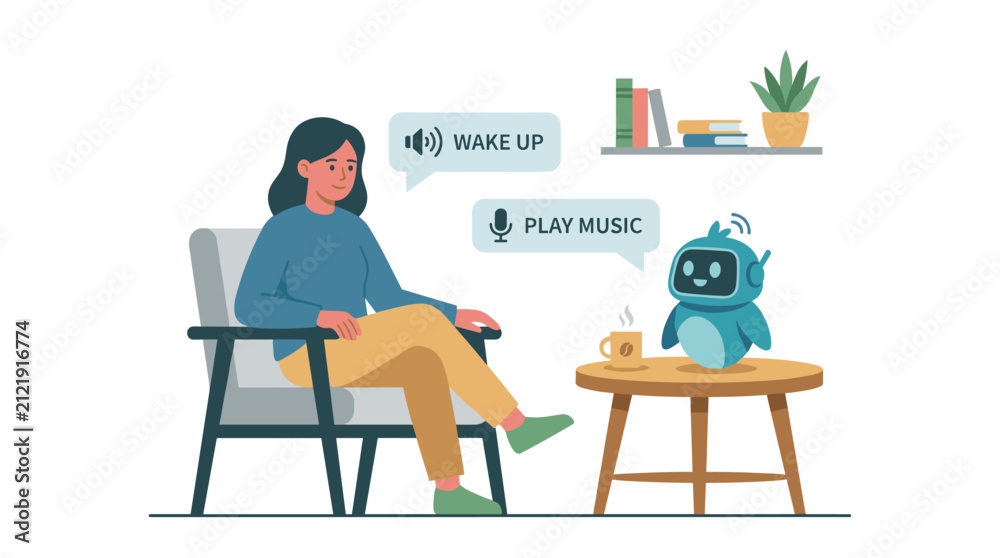 Fototapeta premium Woman Interacting with Cute AI Home Assistant Robot Illustration