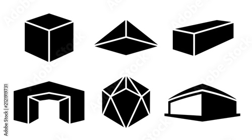 Black 3D geometric shapes and architectural building blocks.