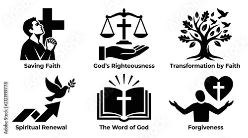 Black and white Christian ministry icons with spiritual text labels.