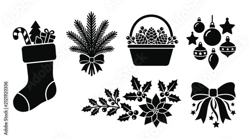 Black Christmas icons and decorative holiday elements.