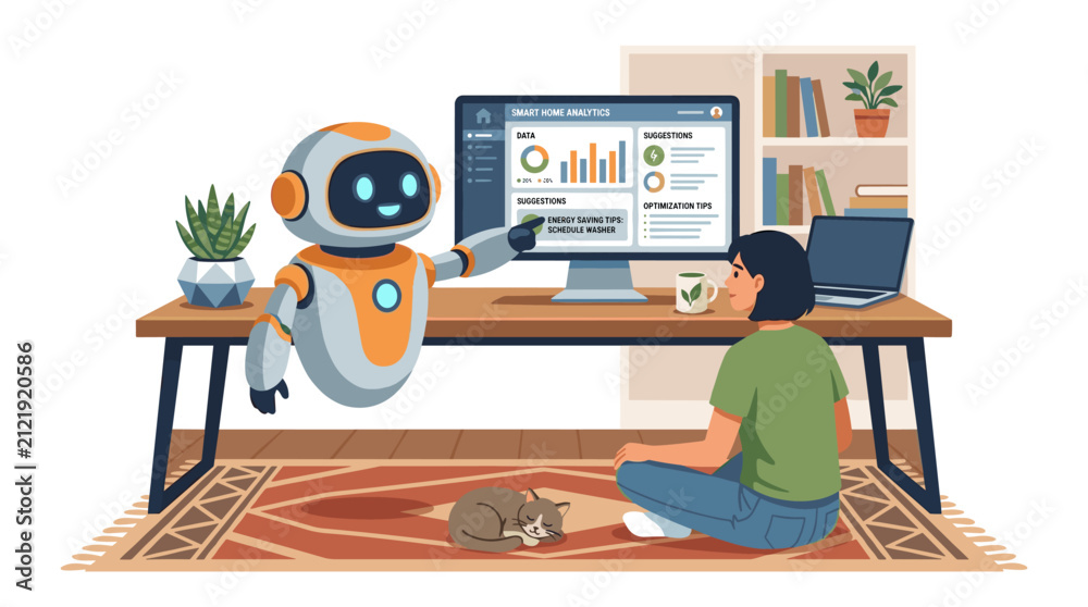 Fototapeta premium AI Robot Assisting Woman with Smart Home Energy Analytics Illustration