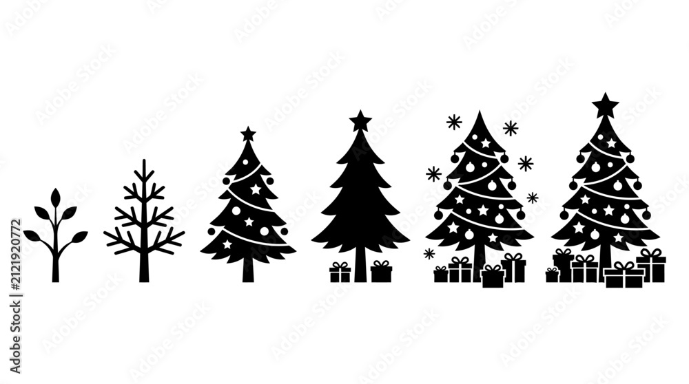 Obraz premium Black Christmas tree silhouettes from small to large.