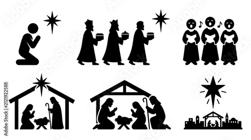 Black nativity scene silhouettes and Christmas story characters.