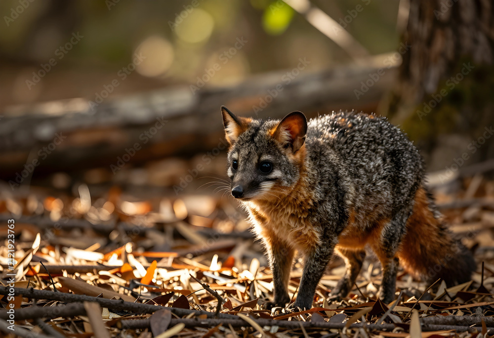 Fototapeta premium Island fox standing on a forest floor covered with dry leaves and branches in natural habitat, the small mammal has gray and orange fur, with a dark nose and eyes
