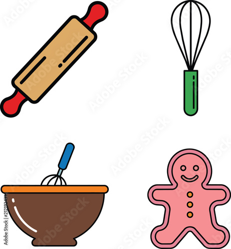 Baking Kitchen Utensils and Gingerbread Man Vector Icon Set