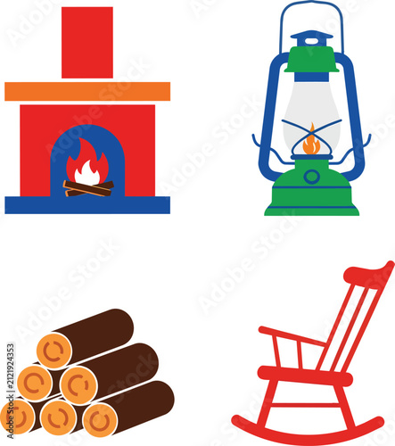 Rustic Winter Cabin Interior Icons with Fireplace and Rocking Chair