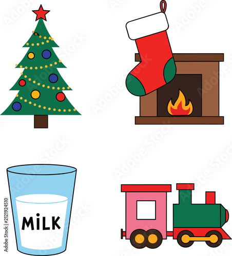 Set of Festive Christmas Holiday Icons with Tree Fireplace and Toys