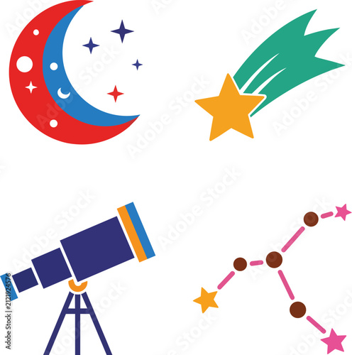 Flat Vector Astronomy Icon Set with Moon Telescope and Stars