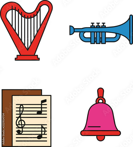 Colorful Vector Musical Instruments Set with Harp and Trumpet