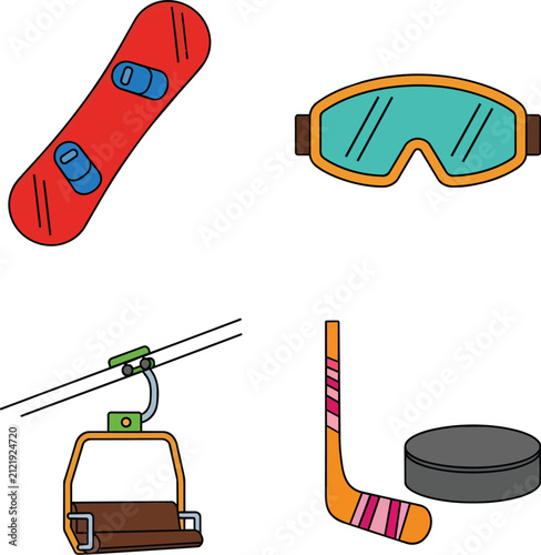 Colorful Winter Sports Activity Icons Featuring Snowboard and Hockey