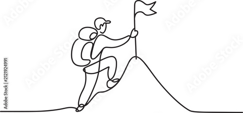 Continuous line drawing of a hiker reaching the mountain peak with a flag representing success and achievement