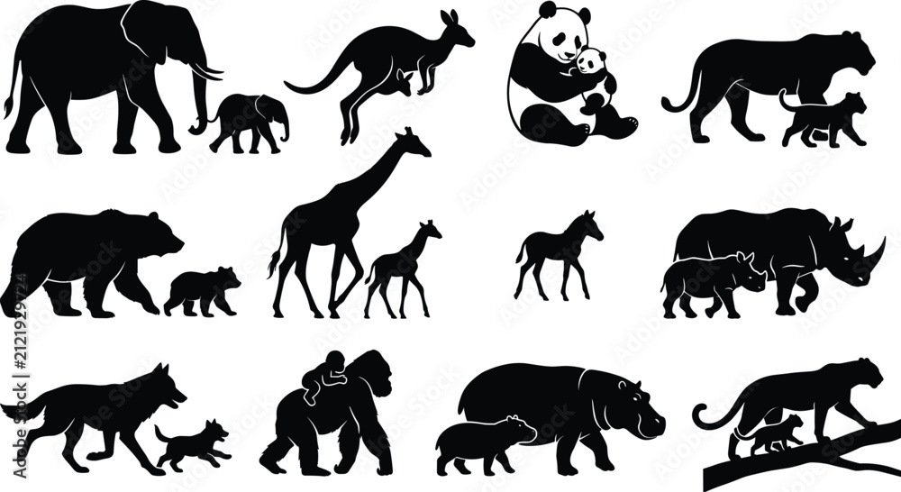 Obraz premium Mother Animals and Babies Silhouette Vector Icons for Wildlife Family Design