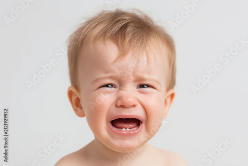 Closeup photo of cute little baby boy child crying