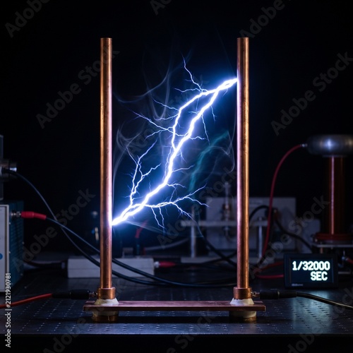 Bright blue plasma arc discharge between two metal electrodes against a dark background.