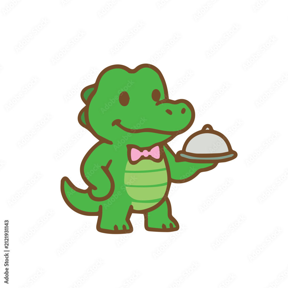 Fototapeta premium A cute crocodile as a waiter Cartoon Illustration