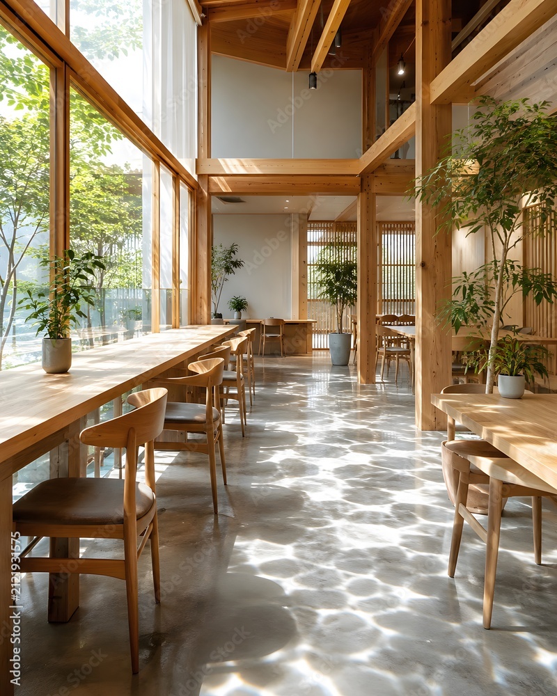 Fototapeta premium Bright Empty Wooden Coworking Space with Large Windows and Indoor Plants