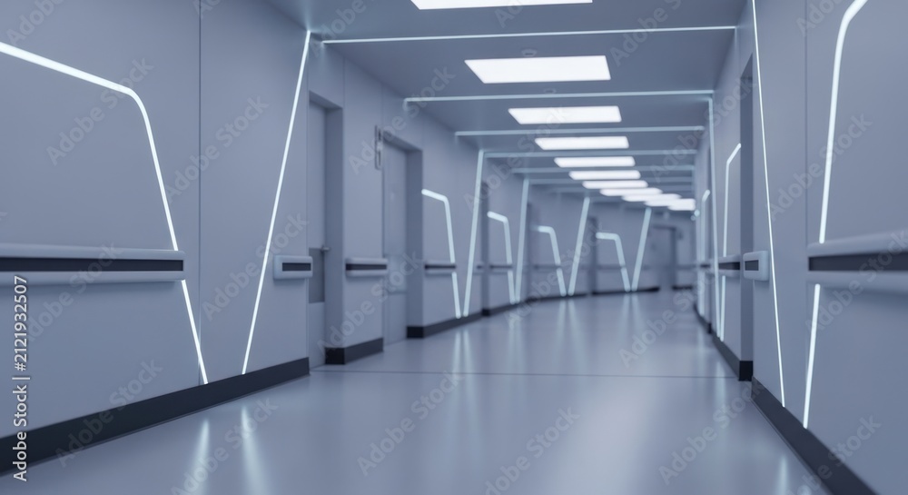 Obraz premium Futuristic spaceship corridor with white glowing neon lights sleek metallic walls, for advanced technology, interstellar travel, corporate innovation, clean modern future
