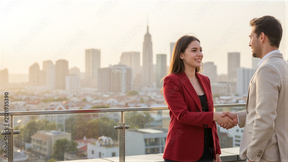 Fototapeta premium Business professionals shake hands on a rooftop with a city skyline in the background.