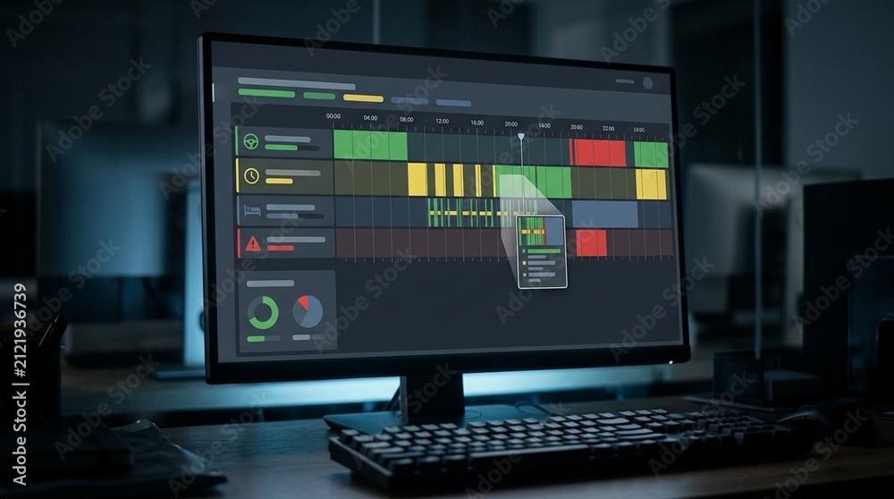Fototapeta premium Computer screen displaying a driver hours-of-service compliance log with a timeline chart