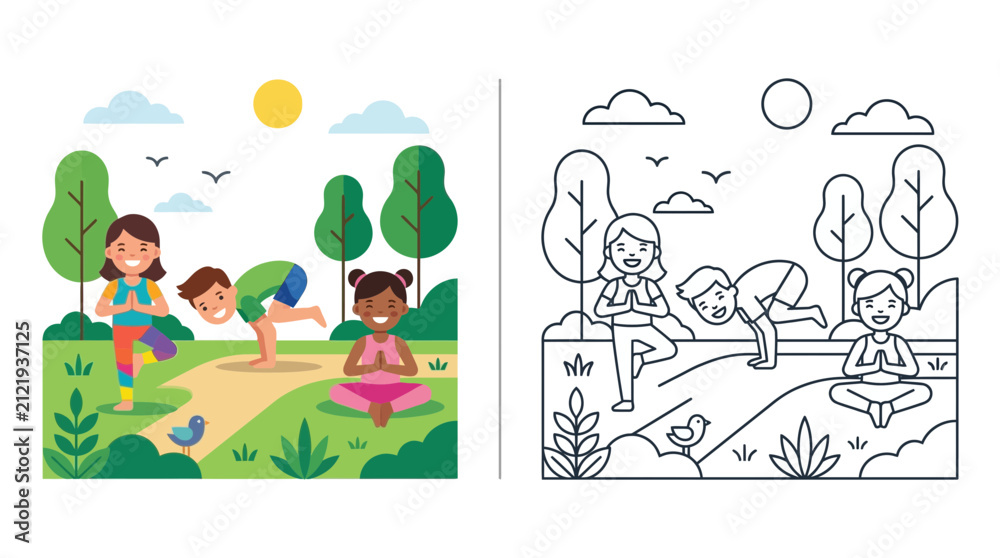 Naklejka premium Children Doing Yoga in a Park - Coloring Page and Full Color Illustration