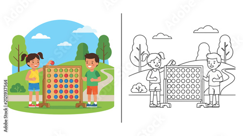 Children playing connect four game outdoors in park, summer fun, active lifestyle, kids leisure