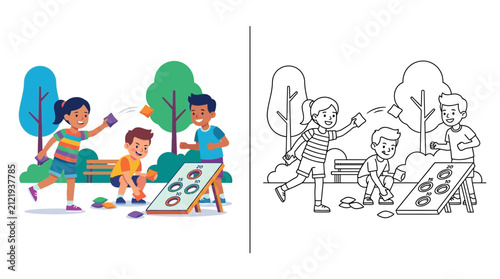Children Playing Cornhole Game Outdoors in Park