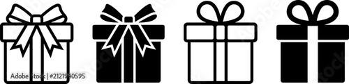 A collection of black and white gift box icons presented as a simple vector illustration for holiday and celebration designs